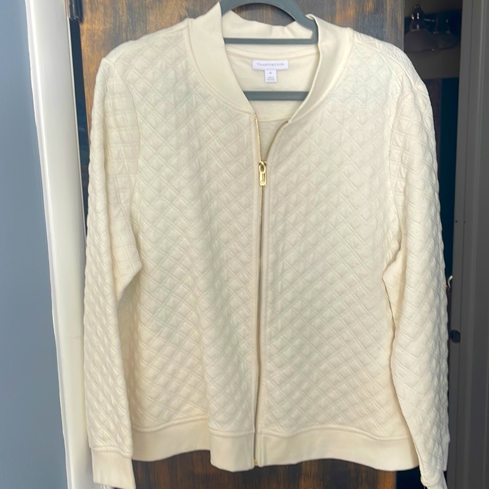 Women’s Charter Club textured knit bomber jacket. White. XL